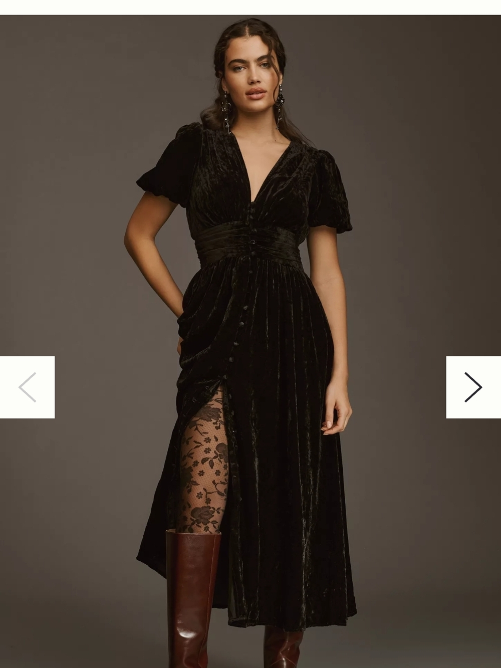 Anthropologie Katerina Black Velvet V-Neck Midi Dress with Puff Sleeves